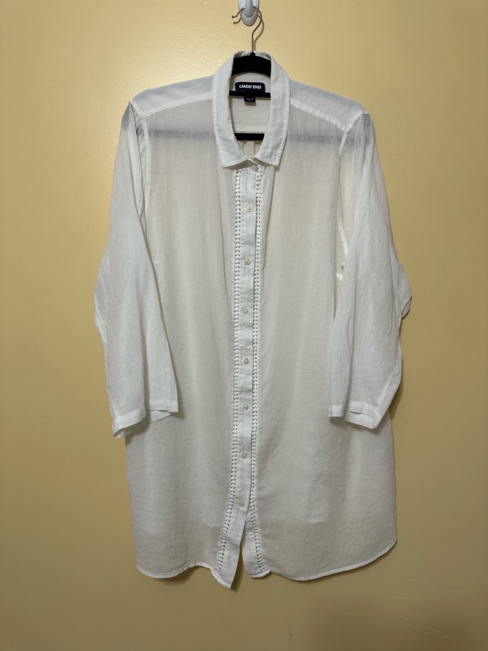 Lands' End Semi Sheer Crochet Detail Long Sleeve Button Up Shirt Womens 2X White